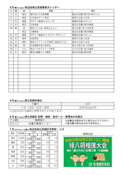 令和5年度緑公民館だより（館報　緑）8月号ウラの画像