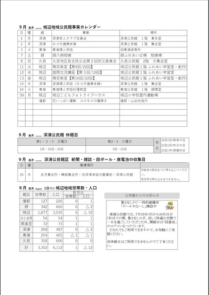 深浦公民館だより令和6年9月号ウラの画像